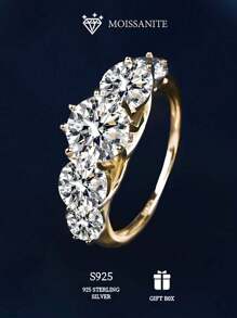 1 件 925 纯银 5ct 奢华莫桑石 5 石女士戒指，防过敏优雅珠宝，适用于求婚、婚礼、周年纪念、生日、仪式 - 附有莫桑石证书和奢华礼品盒 - 金色 - 查看 4