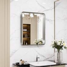 Espejo de baño de 60X36 pulgadas con marco de metal plateado cepillado, con forma rectangular redondeada, acabado en níquel cepillado, resistente a la oxidación y a los golpes, se puede colgar horizontal o verticalmente