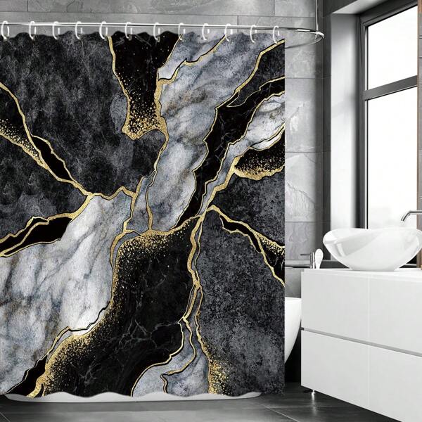1pc Black Shower Curtain, Marble Shower Curtain, Abstract Shower Curtain, Black Marble Shower Curtains Set, Black Gray Gold Bathroom Decor Fall Decor Bathroom Accessories Back To School