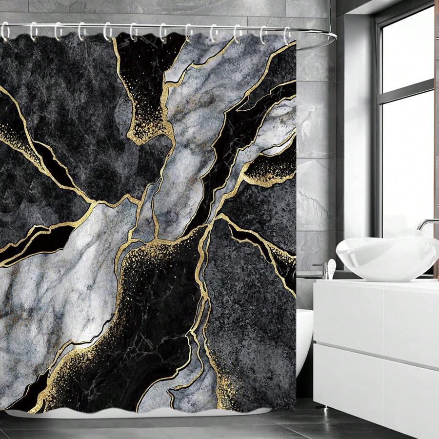 1pc Black Shower Curtain, Marble Shower Curtain, Abstract Shower