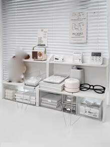 1pc 2-Tier Tabletop Display Shelf, Multi-Functional Desk Organizer For Cosmetics, Office & Dorm, Stationery Storage Box - White - View 7