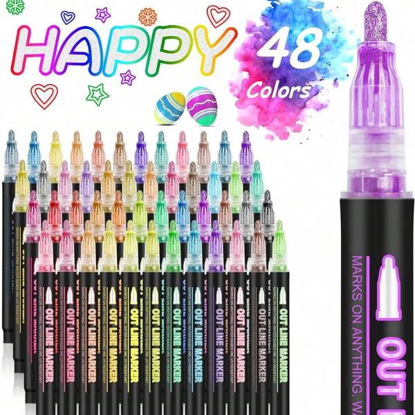 Juego de 8/12/24/36/48 colores de bolígrafos bicolor con contornos, marcadores metálicos resaltadores con autorrelleno, brillantes para escribir, dibujar, manualidades y regalos de vuelta a la escuela
