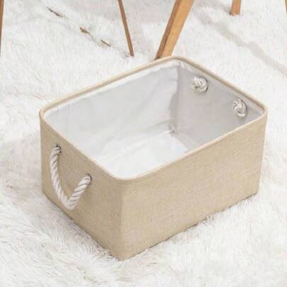 3 Sizes, 1pc Beige Foldable Desktop Storage Basket, Large Capacity With Handle, Suitable For Storing Toys, Made Of Linen Fabric, Also Can Be Used For Dirty Clothes Storage, Ideal For Back To School Season