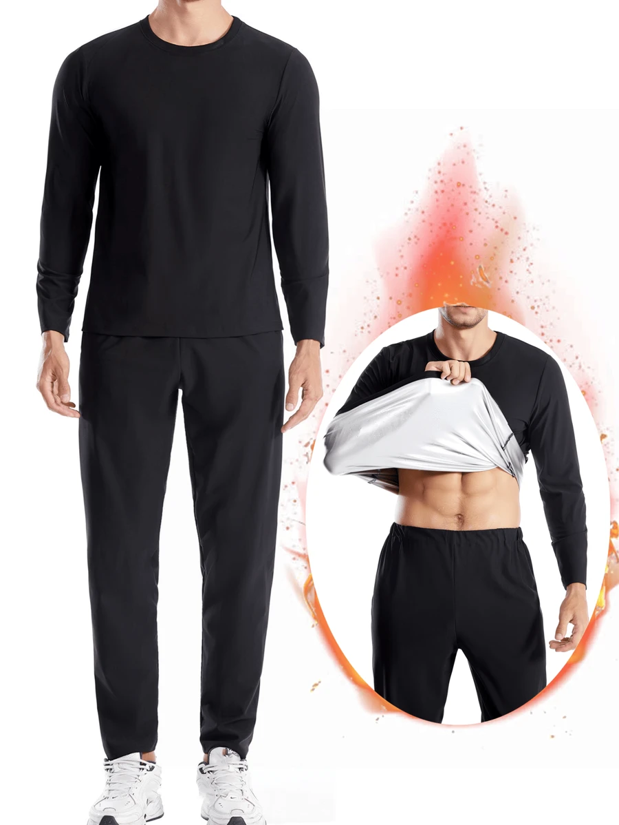 1 Set Herren Trainingsanzug in Große Größen, Langarm-Oberteil und Hose mit innerer PU-Silberbeschichtung für schnelles Schwitzen, Sportbekleidung