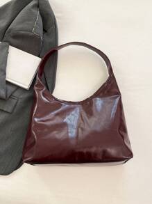 复古纯色手提包，柔软PU皮革单肩包，女士通勤购物手提包 - 酒紅色 - 查看 5