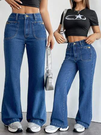 Damen Retro Blaue Weit geschnittene Jeans, Lässige Loose American Style