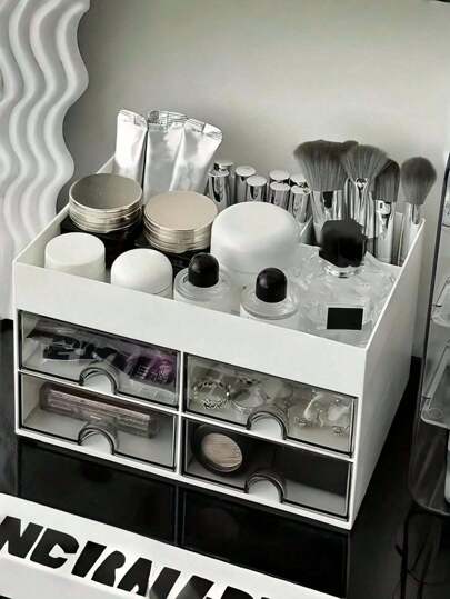 1pc Transparent Makeup Organizer, Stationery Container, Desktop Storage Drawer Cabinet, Large Capacity Jewelry Holder, Vanity Organizer Box, Suitable For Face, Mask, Makeup Brushes, Skincare, Pens, Home Decor, Room Decor, Bathroom Accessories, White - 1 Set