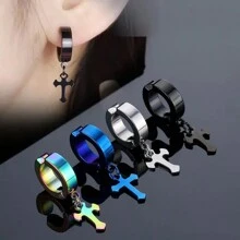 1 pieza Clip de oreja de acero de titanio con pendiente de cruz sin agujero de la oreja, estilo punk, de acero inoxidable, para hombres y mujeres, apto para uso diario y fiestas, regalo de moda a la - Clip de oreja sin piercing - Ver 7