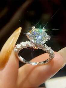 1pc S925 Sterling Silver 3CT Round Moissanite Luxurious & Elegant Women's Ring, Wedding/Engagement/Anniversary/Birthday/Valentine's Day/Christmas Gift With Moissanite Certificate And Gift Box - Silver - View 3