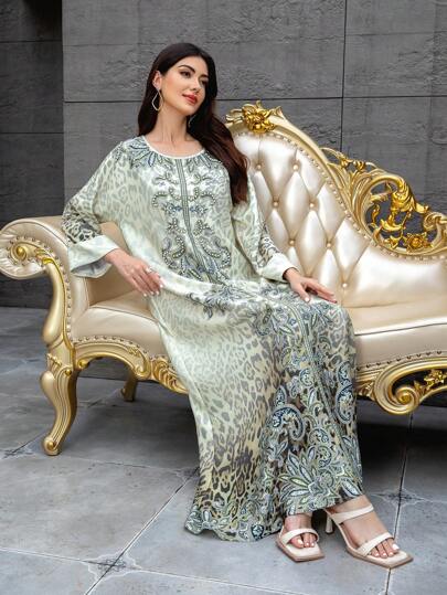 Women's Middle East Style Round Neck Long Dress, Regular Fit Full-Length Printed Dress, 75D Soft Stretchy Fabric, Long Sleeves, Glittering Rhinestone Decor, Elegant Arabian Jalabiya, Modest Kaftan