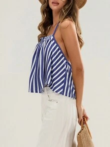 Women Halter Neck Tops Summer Striped Print Bandage Backless Shirts Vest - Blue - View 5