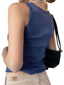 Women Rhinestone Graphic Print Tank Tops Rib Knit Sleeveless Crop Tops Vest E Girl Aesthetic Tee Y2K Streetwear - Blue - View 4