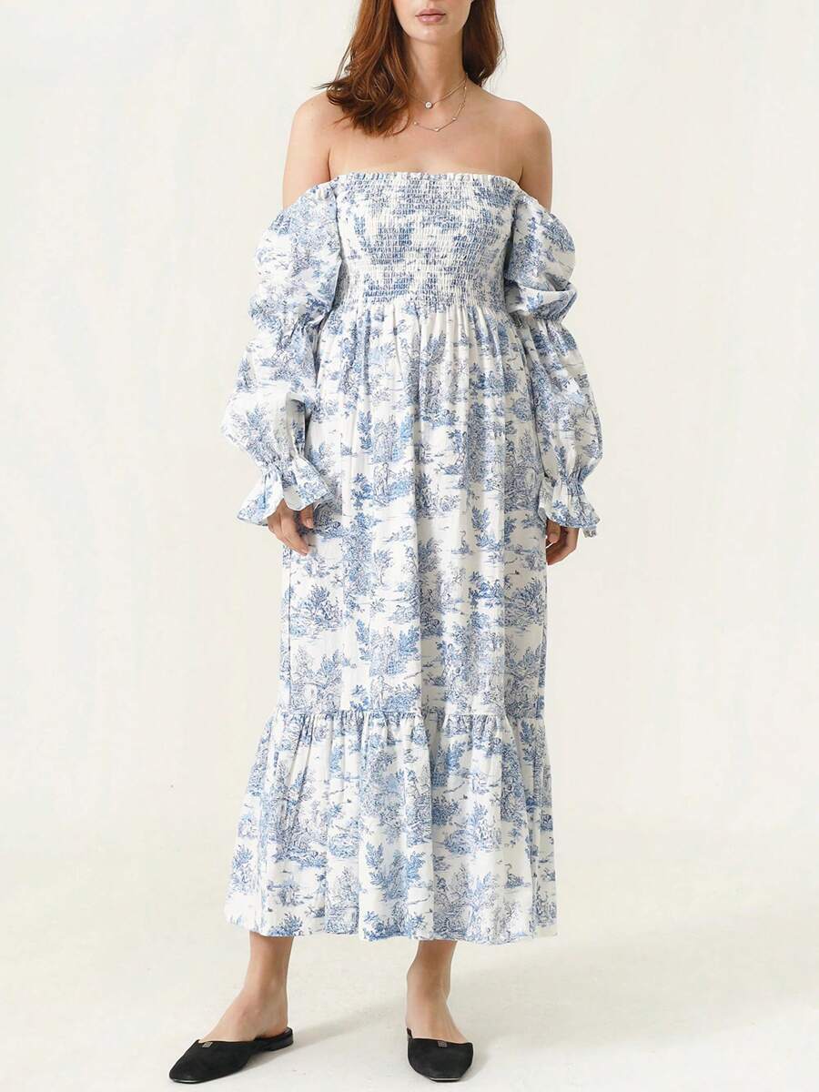Women's Floral Maxi Dress Y2k Off Shoulder Puff Sleeve High Waist Long Dresses Summer Casual Sundress - 藍色 - 查看 1