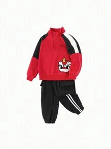 Balabala Young Boys 2 Pieces Outfit, 2025 New Year Fleece Tracksuit - Chinese Red - View 4