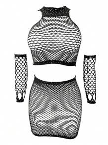 Sexy Cover-Up Top, Revealing Cut-Outs, Mesh Bodycon Lingerie Set For Intimate Occasions