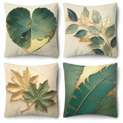 4 件套春季套装，复古树叶印花枕套，18x18 英寸，拉链涤纶沙发垫套，适用于卧室和客厅装饰，可机洗