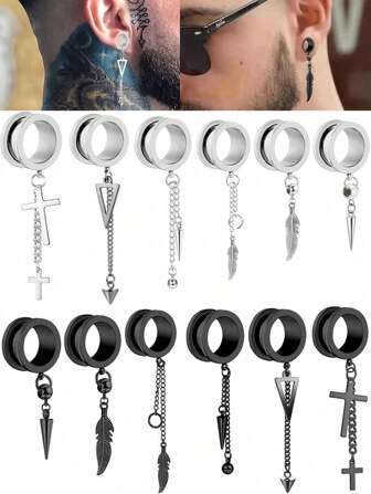 1 Pair Ear Tunnels And Plugs Stainless Steel Earrings Gauges For Women Men Dangle Pugs For Ear