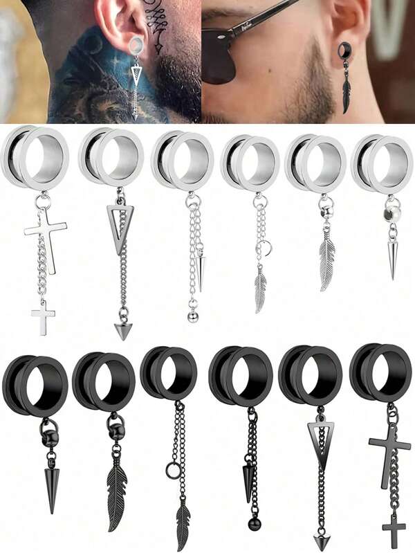 1 par de túneis e plugues de orelha, brincos de aço inoxidável, medidores para mulheres, homens, pendurados, pugs para orelha