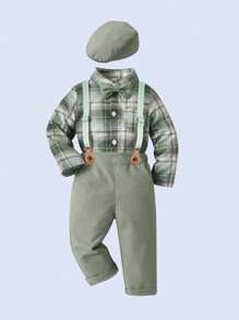 BOARNSEORL Conjunto de 3 piezas para niño bebé estilo caballero: Camisa de manga larga a rayas con pajarita, peto con tirantes y gorra, adecuado para salidas diarias, actuaciones, fiestas de 1 año, coro, recital de piano