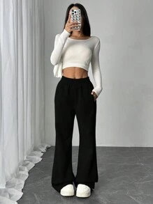 Women's Casual Solid Color Elastic Waist Pocket Loose Flared Pants, Women's Sweatpants, Suitable For Street, Daily Wear, Valentine's Day, New Year, Comfortable Street Wear - Black - View 5