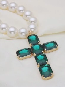 Retro Oversized Pearl Necklace With Big Glass Cross Pendant, Fashion Jewelry For Women, Christmas Gift