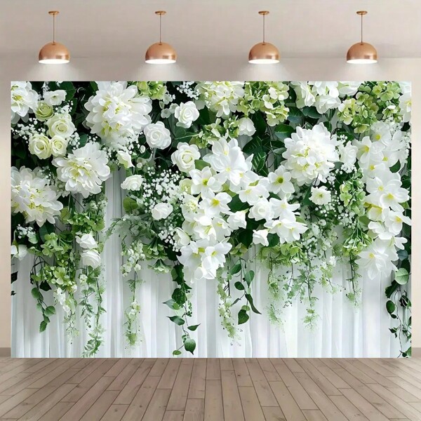 1pc Flower Wedding Background Banner, Green And White Flower Wall Background, For Valentine's Day, Wedding, Bridal Shower, Engagement, Anniversary, Valentine's Day Decoration, Party - Room, Garden, Multi-Purpose Polyester Photo Props