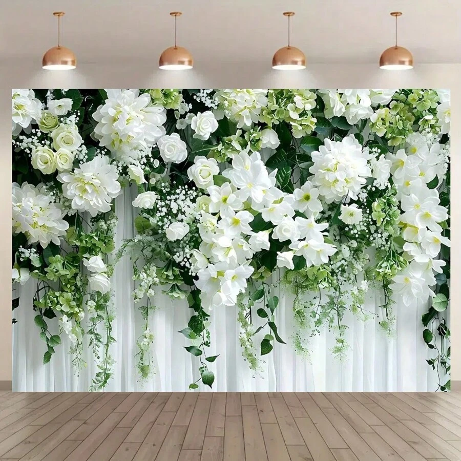 1件白色花卉背景布，裝飾有百合花與綠葉，聚酯纖維材質，適用於婚禮、生日派對、攝影背景裝飾、週年慶典、派對裝飾、花園裝飾等