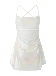 Women Shiny Spaghetti Strap Dress Solid Color Sleeveless Backless Party Dress For Cocktail Nightclub Beach - Hồng - Xem 8