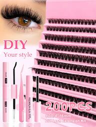 200 pezzi Kit fai-da-te per estensioni ciglie, 80D - Include ciglie finte, colla, remover, pinzette e pennello, adatto a professionisti e principianti, facile da usare a casa, kit di partenza per ciglie per principianti: set completo con ciglie, adesivo, remover e strumenti per applicare facilmente come un professionista a casa, kit professionale per estensioni ciglie per uso domestico