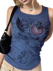 Women Rhinestone Graphic Print Tank Tops Rib Knit Sleeveless Crop Tops Vest E Girl Aesthetic Tee Y2K Streetwear - Blue - View 3