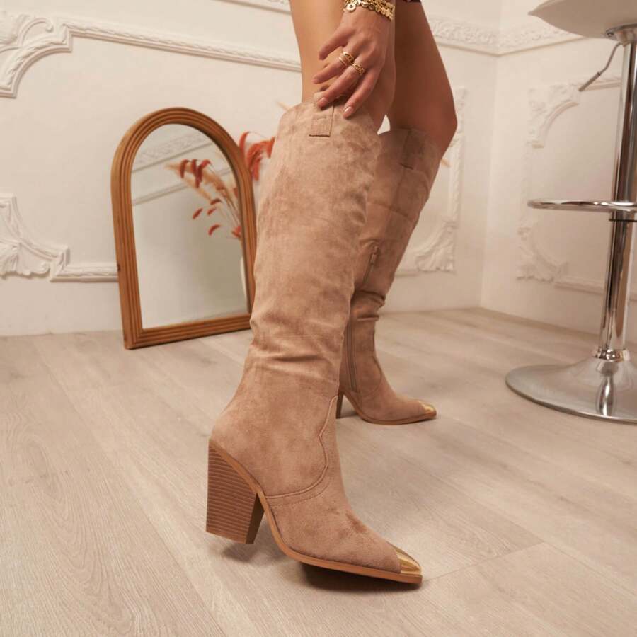 Bottes Haute Western à Talon épais And Bout Point Décoratif - KHAKI9353-1 - View 1