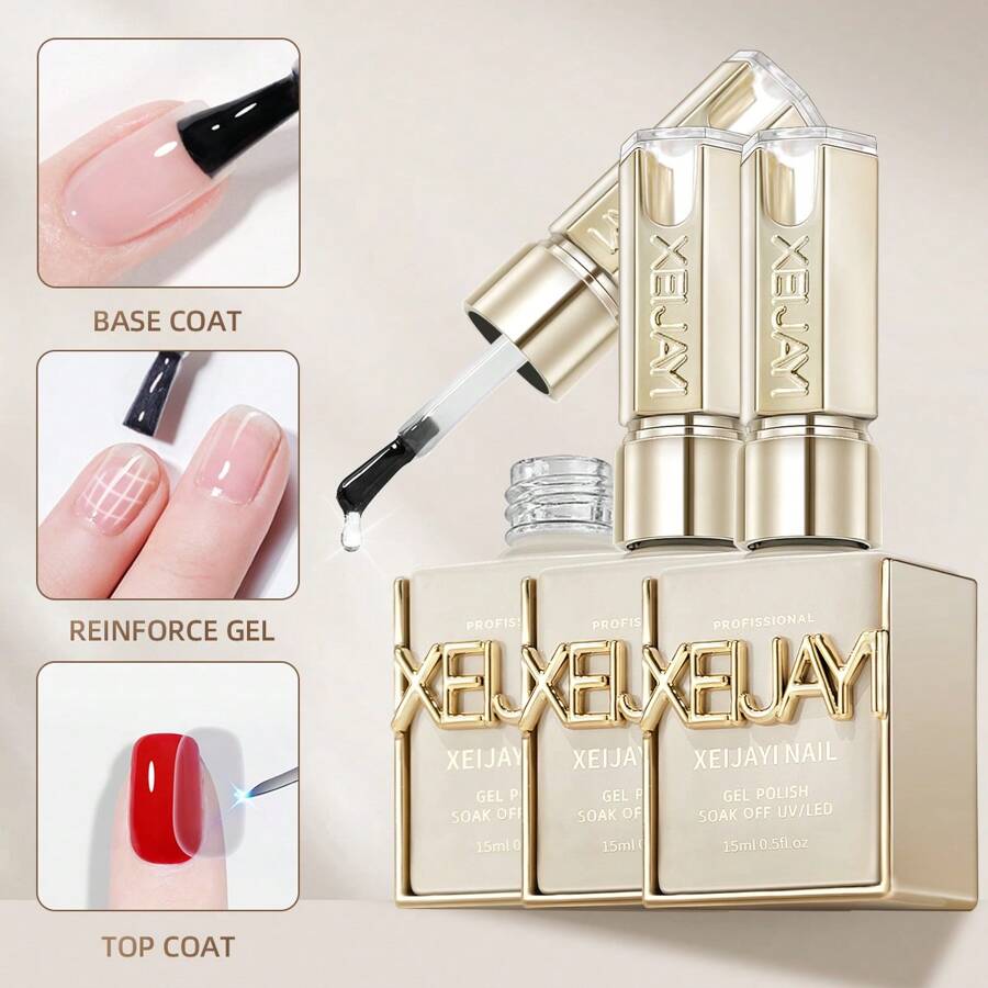 XEIJAYI 15ml 底油、面部油與指甲強化劑，長效透明橡膠塗層，LED UV 強韌指甲，高光澤凝膠指甲油