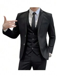 Slim Suit Complete Men's Outfit Sophisticated Cut (Pants + Blazer + Vest) - Black and White - View 2