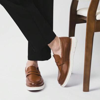 Penny Loafers For Men, Casual Mens Loafers, Slip On Dress Sneakers Men Shoes, PU Leather Shoes, Round Toe, Non Slip Rubber, Brown