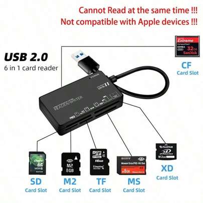 6合1 USB 2.0 Type-C读卡器，多端口CF M2 MS XD SD TF卡USB读卡器，兼容PC和笔记本电脑（不兼容苹果设备）