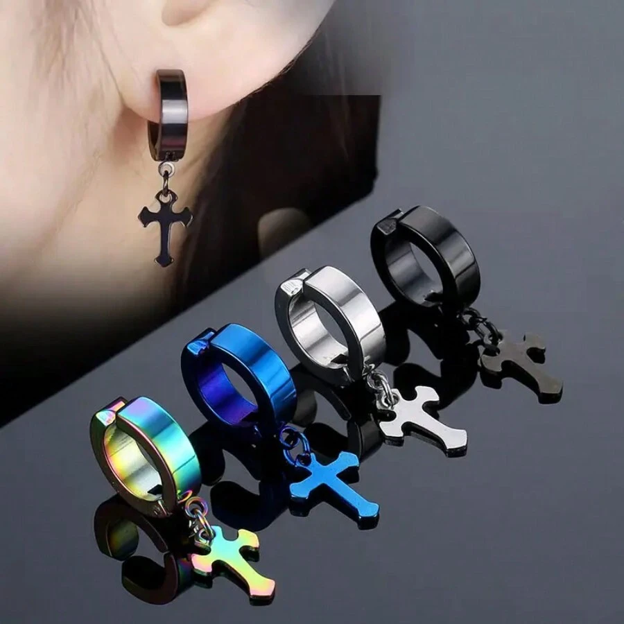 1 pieza Clip de oreja de acero de titanio con pendiente de cruz sin agujero de la oreja, estilo punk, de acero inoxidable, para hombres y mujeres, apto para uso diario y fiestas, regalo de moda a la - Clip de oreja sin piercing - Ver 1