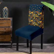 1/2/4pcs Bohemian Milk Silk Restaurant Chair Covers, Vintage Yellow Orange Plant Floral Chair Seat Protectors, Solid Navy Blue Stretchy Removable Universal Chair Slipcovers For Kitchen, Ceremony, Banquet, Hotel Decor