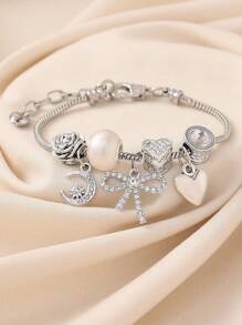 1pc Elegant Luxury Rhinestone Butterfly, Rose, Star, Moon, Heart Pendant Beaded Copper Bracelet, Suitable For Women's Party, Nightclub, Daily Wear, Valentine's Day, Birthday Gift