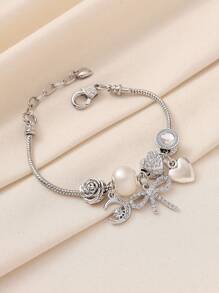 1pc Elegant Luxury Rhinestone Butterfly, Rose, Star, Moon, Heart Pendant Beaded Copper Bracelet, Suitable For Women's Party, Nightclub, Daily Wear, Valentine's Day, Birthday Gift