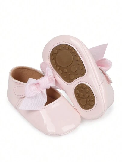 1 Pair Infant Girls' Mary Jane Shoes With Bowknot & Hook And Loop Design, Flat Simple Versatile Christening Shoes For Infants 0-1 Year Old, Anti-Slip Breathable Toddler Walking Shoes For Spring/Autumn