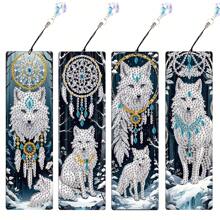 4 Stücke DIY Diamantmalerei Lesezeichen Sets - Traumfänger Weißer Wolf Design, handgefertigtes Diamantkunst Lesezeichen Set für Buchliebhaber, einzigartiges Geschenkidee