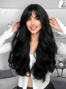 High Quality Black 26-Inch Long Curly Natural Wave Wig Curly Synthetic Wig With Bangs Perfect For Everyday Use At Birthday And Holiday Parties - Black - View 3