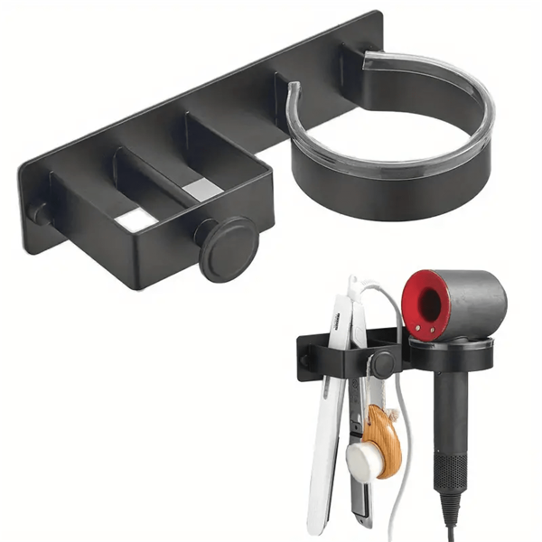 Suporte de parede para ferramentas de modelagem de cabelo - Organizador de secador de cabelo sem furadeira, chapinha e modelador de cachos - Prateleira de armazenamento de banheiro para secador de cabelo, alisador e modelador de cachos - Acessório para tipo de cabelo normal com ganchos para toalhas - Leve