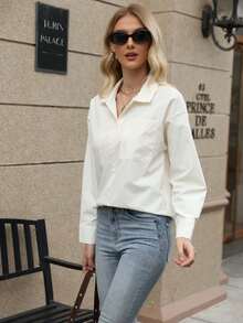 Camicia casual da ufficio con tasche, manica lunga a goccia sulla spalla, monopetto, di colore uniforme, da donna - Bianco - Visualizzare 4