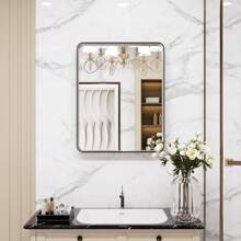 Espejo de baño de 60X36 pulgadas con marco de metal plateado cepillado, con forma rectangular redondeada, acabado en níquel cepillado, resistente a la oxidación y a los golpes, se puede colgar horizontal o verticalmente