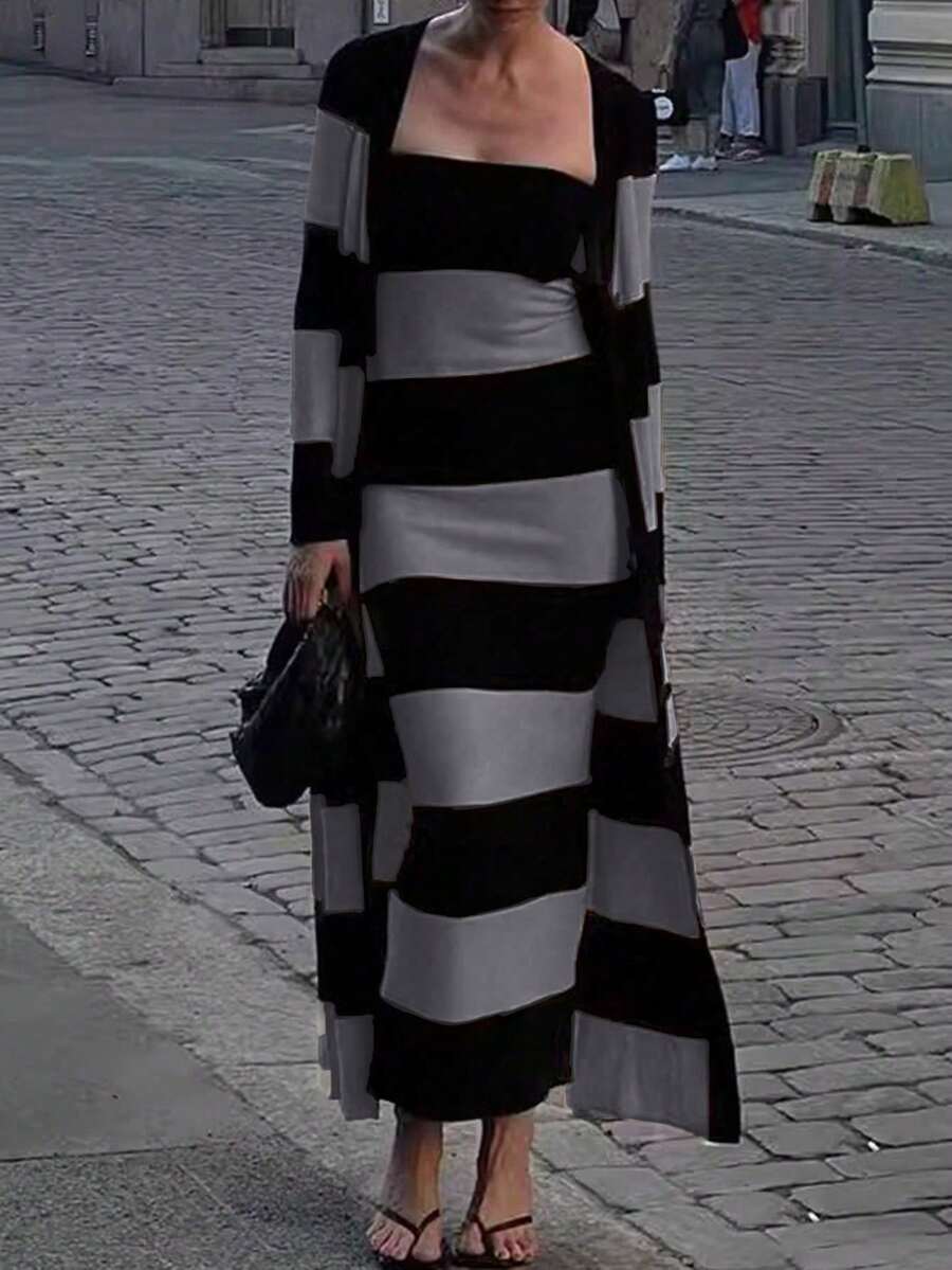 Knit Mix Eleganter und gestreifter Lange Strickjacke Set, sexy Frühling Sommer gestricktes Kleid mit Herzausschnitt, Weihnachten Neujahr schicke vielseitige Zwei-Teiler für Frauen Schulanfang bescheidene Vintage Old Money Herbst Frauenkleidung Herbst Streetwear Lange Partykleider