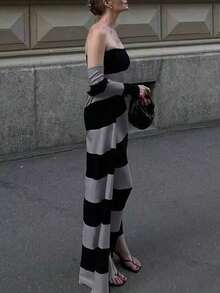 Knit Mix Eleganter und gestreifter Lange Strickjacke Set, sexy Frühling Sommer gestricktes Kleid mit Herzausschnitt, Weihnachten Neujahr schicke vielseitige Zwei-Teiler für Frauen Schulanfang bescheidene Vintage Old Money Herbst Frauenkleidung Herbst Streetwear Lange Partykleider