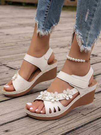 3D Floral Rhinestone Wedge Platform Sandals, Hollow Strap Hook-And-Loop Ankle Strap Vacation Casual Elegant Stitching Women Shoes, Spring/Summer