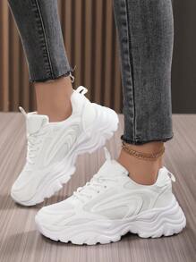 Sporty Front Chunky Sneakers For Women,Colorblock Leather Lace-Up Shoes Women Boots Women Lightweight Breathable Sneakers Women Shoes Outdoor Sports Shoes For Women Running Shoes Comfortable Casual Shoes For Women