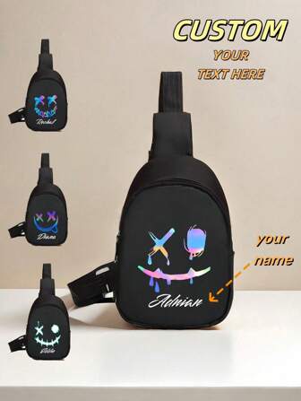 Customized Mini Chest Bag With Personalized Name Or Holiday Wishes. Customize Your Own Bag. Mini Waist Bag, 18*12 Cm, Small And Lightweight, Foldable And Reusable, Cute Cartoon Fun Colorful Cartoon Printed Nylon Material, Zipper Closure Coin Purse.